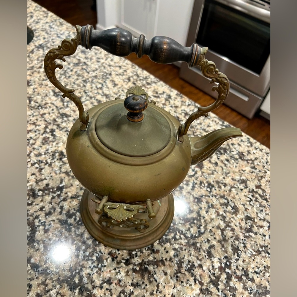 Antique Copper/Brass Tea Pot Lidded Kettle w/ Ornate Stand & Burner